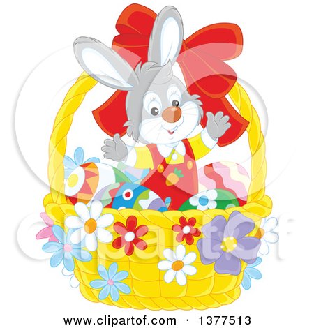 Clipart of a Happy Easter Bunny Rabbit Welcoming Inside a Basket with Eggs - Royalty Free Vector Illustration by Alex Bannykh