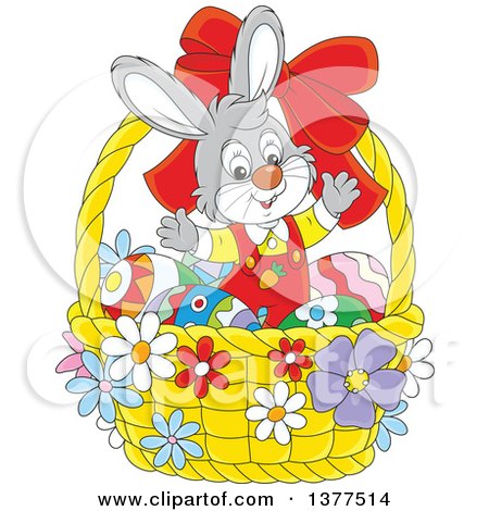 Clipart of a Happy Gray Easter Bunny Rabbit Welcoming Inside a Basket with Eggs - Royalty Free Vector Illustration by Alex Bannykh