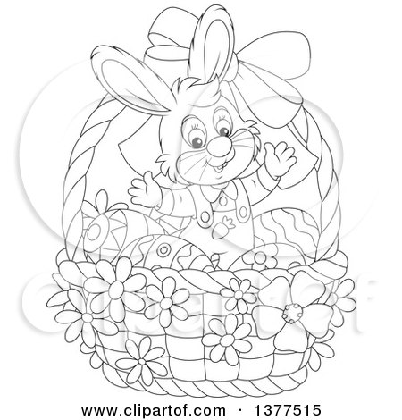 Clipart of a Black and White Easter Bunny Rabbit Welcoming Inside a Basket with Eggs - Royalty Free Vector Illustration by Alex Bannykh
