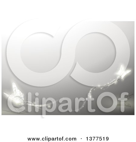 Clipart of a Gray Background with Glowing Butterflies - Royalty Free Vector Illustration by dero