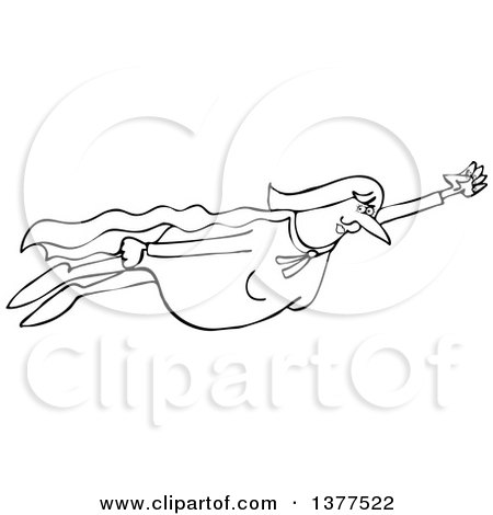 Clipart of a Black and White Chubby Female Super Hero Flying - Royalty Free Vector Illustration by djart