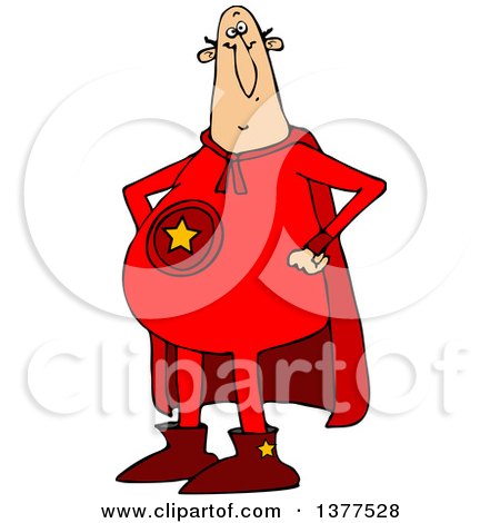 Clipart of a Chubby White Male Super Hero Standing with His Hands on His Hips, Wearing a Red Suit - Royalty Free Vector Illustration by djart