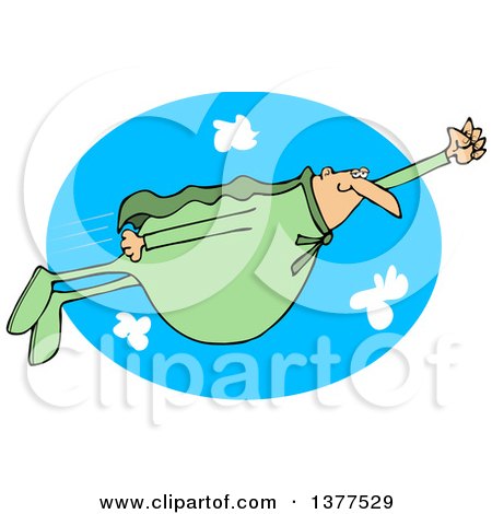 Clipart of a Chubby White Male Super Hero Flying in a Green Suit over a Sky Oval - Royalty Free Vector Illustration by djart