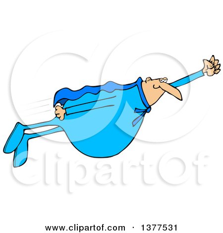 Clipart of a Chubby White Male Super Hero Flying in a Blue Suit - Royalty Free Vector Illustration by djart
