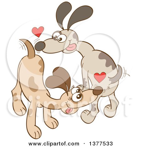 Clipart of a Dog Couple in Love, Sniffing Butts - Royalty Free Vector Illustration by Zooco