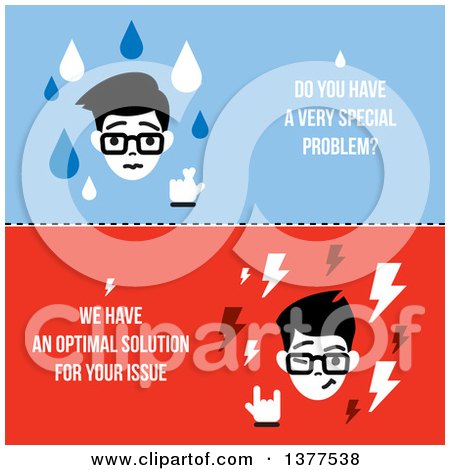 Clipart of a Flat Design Man with Do You Have a Very Special Problem We Have an Optimal Solution for Your Issue Text - Royalty Free Vector Illustration by elena