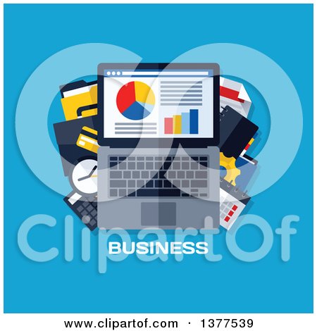 Clipart of a Flat Design Laptop with Business Text on Blue - Royalty Free Vector Illustration by elena