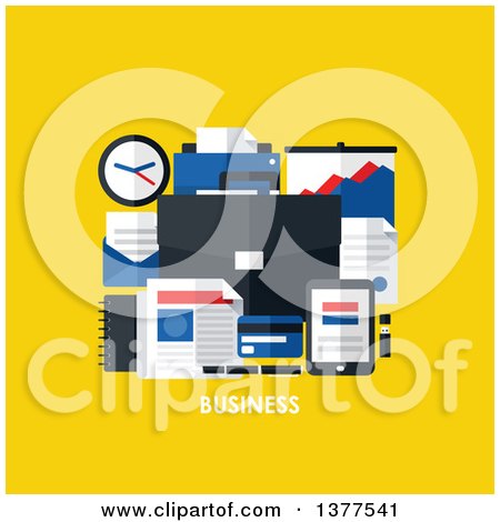Clipart of a Flat Design Briefcase and Office Accessories over Business Text on Yellow - Royalty Free Vector Illustration by elena