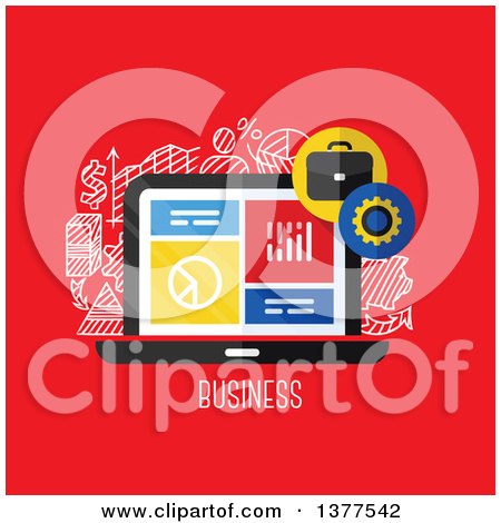Clipart of a Flat Design Laptop and Charts over Doodles and Business Text on Red - Royalty Free Vector Illustration by elena