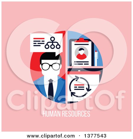 Clipart of a Flat Design Business Man with a Network and Clipboard over Human Resources Text on Pink - Royalty Free Vector Illustration by elena