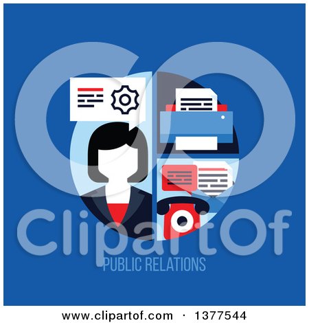 Clipart of a Flat Design Business Woman with a Printer and Telephone over Public Relations Text on Blue - Royalty Free Vector Illustration by elena