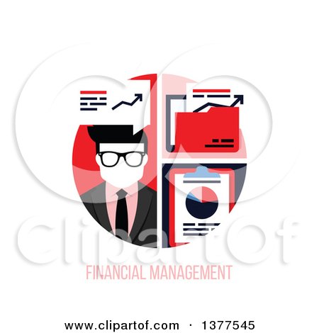 Clipart of a Flat Design Business Man with Charts over Financial Management Text on White - Royalty Free Vector Illustration by elena