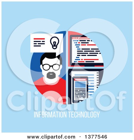 Clipart of a Flat Design Man with a Smart Phone and Computer over Information Technology Text on Blue - Royalty Free Vector Illustration by elena