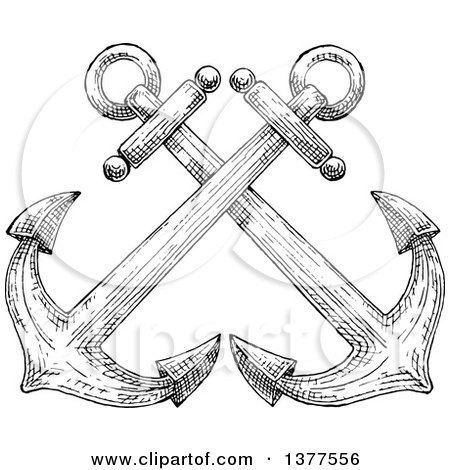 Clipart of Black and White Sketched Crossed Anchors - Royalty Free Vector Illustration by Vector Tradition SM