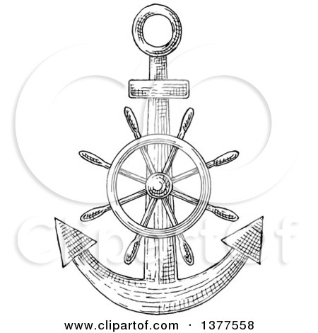 Clipart of a Black and White Sketched Anchor and Helm - Royalty Free Vector Illustration by Vector Tradition SM