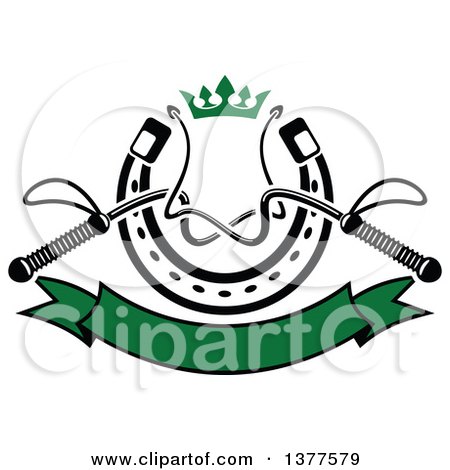 Clipart of Black and White Equestrian Riding Crop Whips over a Horseshoe with a Green Crown and Blank Banner - Royalty Free Vector Illustration by Vector Tradition SM