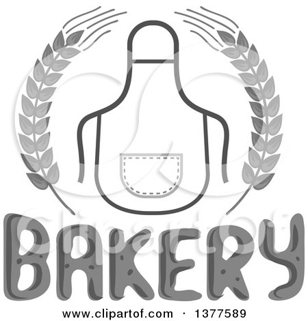 Clipart of a Grayscale Bib or Apron in a Wheat Wreath over Bakery Text - Royalty Free Vector Illustration by Vector Tradition SM