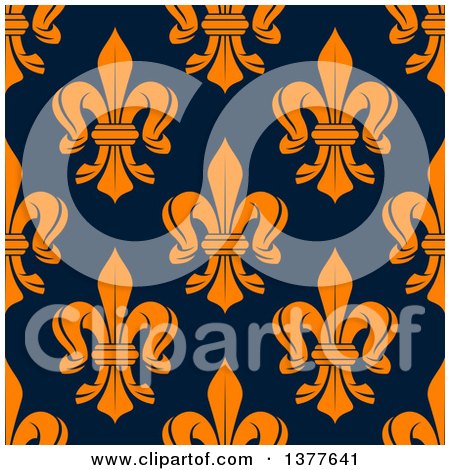 Clipart of a Seamless Pattern Background of Orange Fleur De Lis on Navy Blue - Royalty Free Vector Illustration by Vector Tradition SM