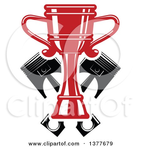 Clipart of a Red Racing Trophy Cup Outlined in White, over Crossed Black Pistons - Royalty Free Vector Illustration by Vector Tradition SM