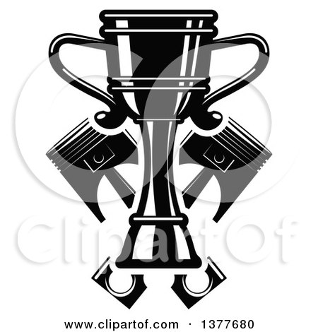 Clipart of a Black and White Racing Trophy Cup Outlined in White, over Crossed Pistons - Royalty Free Vector Illustration by Vector Tradition SM