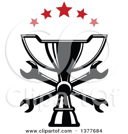 Clipart of a Black and White Trophy with Crossed Wrenches and Red Stars - Royalty Free Vector Illustration by Vector Tradition SM