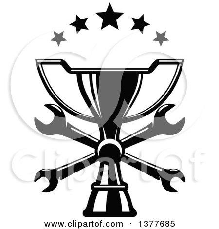 Clipart of a Black and White Trophy with Crossed Wrenches and Stars - Royalty Free Vector Illustration by Vector Tradition SM