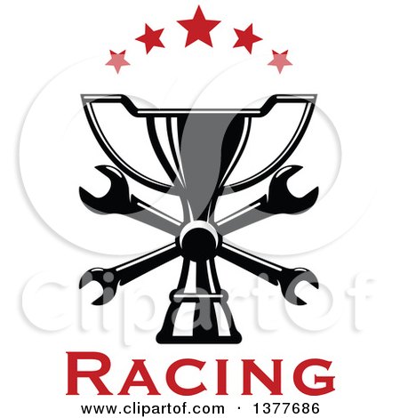 Clipart of a Black and White Trophy with Crossed Wrenches and Red Stars with Text - Royalty Free Vector Illustration by Vector Tradition SM