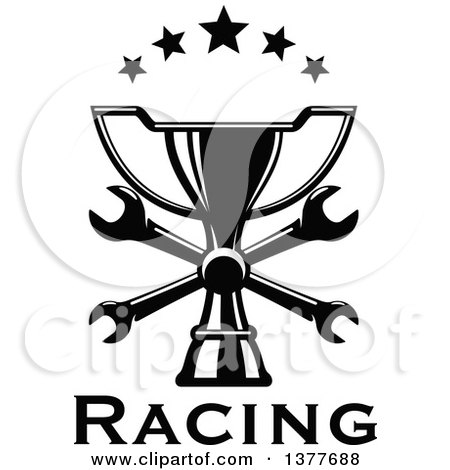 Clipart of a Black and White Trophy with Crossed Wrenches and Stars over Text - Royalty Free Vector Illustration by Vector Tradition SM