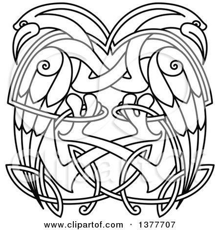 Clipart of a Black and White Lineart Celtic Knot Cranes or Heron - Royalty Free Vector Illustration by Vector Tradition SM