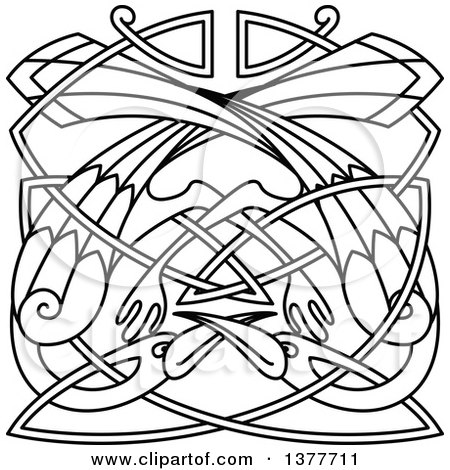 Clipart of a Black and White Lineart Celtic Knot Cranes or Heron - Royalty Free Vector Illustration by Vector Tradition SM