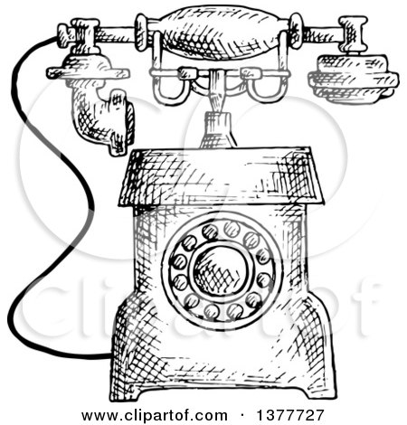 Clipart of a Black and White Sketched Vintage Telephone - Royalty Free Vector Illustration by Vector Tradition SM