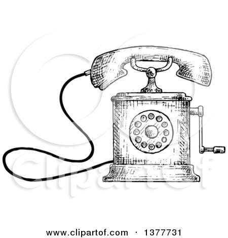 Clipart of a Black and White Sketched Vintage Telephone - Royalty Free Vector Illustration by Vector Tradition SM