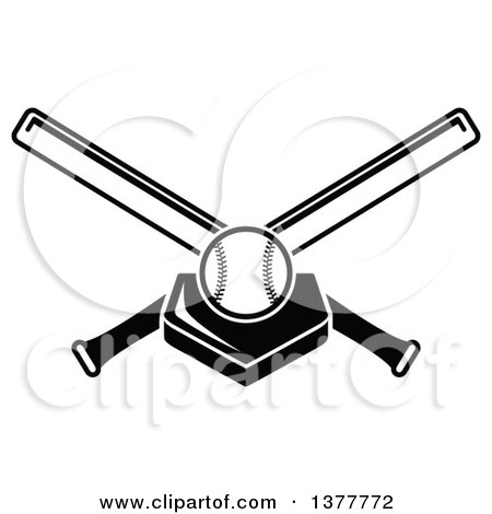 Clipart of a Black and White Baseball on a Base and Crossed Bats - Royalty Free Vector Illustration by Vector Tradition SM