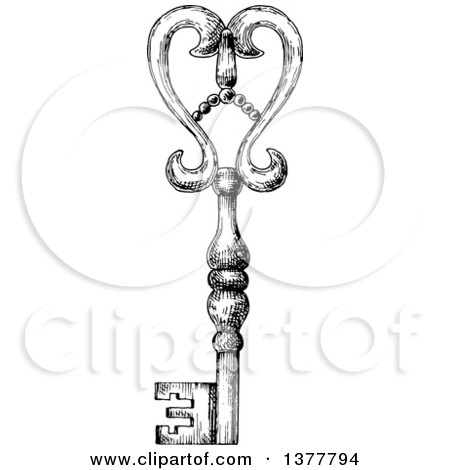 Clipart of a Black and White Sketched Skeleton Key - Royalty Free Vector Illustration by Vector Tradition SM