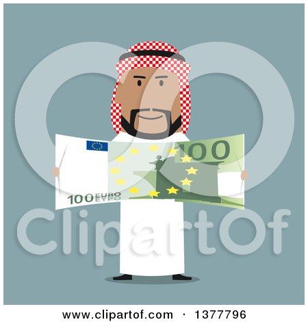 Clipart of a Flat Design Arabian Business Man Holding Euro Cash, on Blue - Royalty Free Vector Illustration by Vector Tradition SM