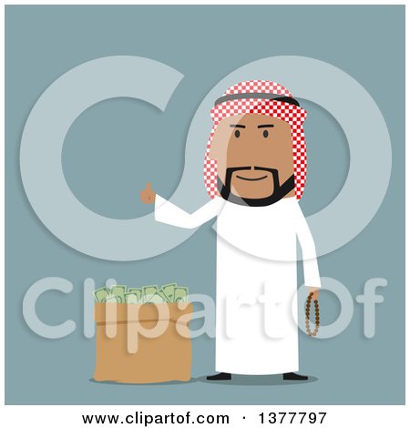 Clipart of a Flat Design Arabian Business Man with a Bag of Cash, on Blue - Royalty Free Vector Illustration by Vector Tradition SM