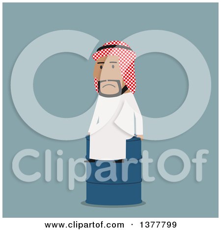 Clipart of a Flat Design Arabian Business Man Sitting on an Oil Barrel, on Blue - Royalty Free Vector Illustration by Vector Tradition SM