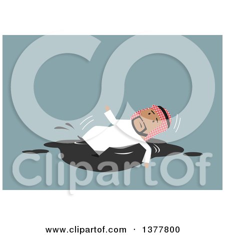 Clipart of a Flat Design Arabian Business Man Slipping on Oil, on Blue - Royalty Free Vector Illustration by Vector Tradition SM