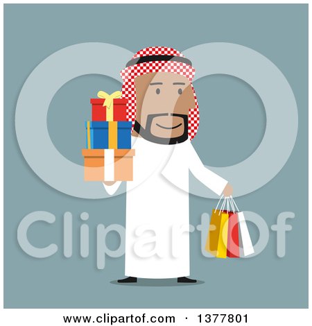 Clipart of a Flat Design Arabian Business Man Holding Gifts and Shopping Bags, on Blue - Royalty Free Vector Illustration by Vector Tradition SM