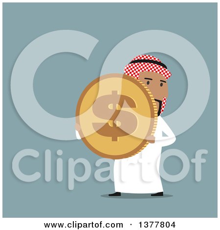 Clipart of a Flat Design Arabian Business Man Holding a Dollar Coin, on Blue - Royalty Free Vector Illustration by Vector Tradition SM