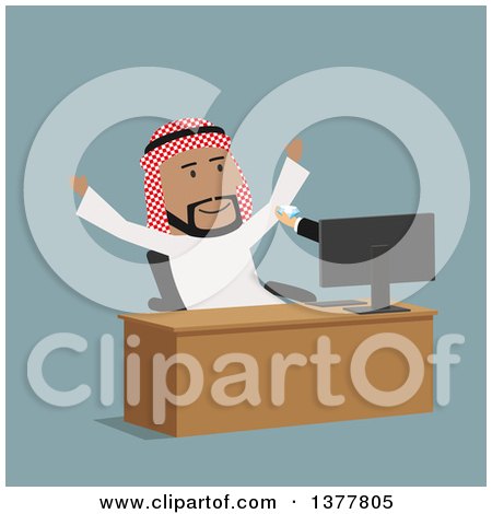 Clipart of a Flat Design Arabian Business Man Receiving a Diamond Through a Computer, on Blue - Royalty Free Vector Illustration by Vector Tradition SM