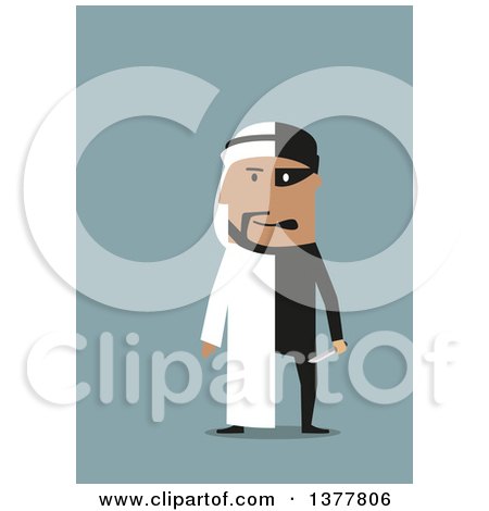 Clipart of a Flat Design Arabian Business Man Part Robber Part Entrepreneur, on Blue - Royalty Free Vector Illustration by Vector Tradition SM