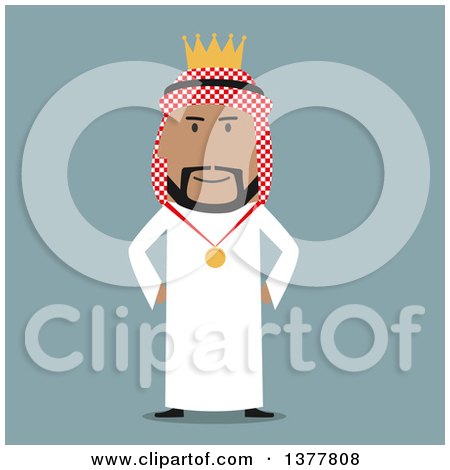 Clipart of a Flat Design Arabian Business Man King Wearing a Medal, on Blue - Royalty Free Vector Illustration by Vector Tradition SM