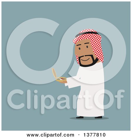 Clipart of a Flat Design Arabian Business Man Using a Compass, on Blue - Royalty Free Vector Illustration by Vector Tradition SM