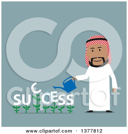 Clipart of a Flat Design Arabian Business Man Watering Success Plants, on Blue - Royalty Free Vector Illustration by Vector Tradition SM