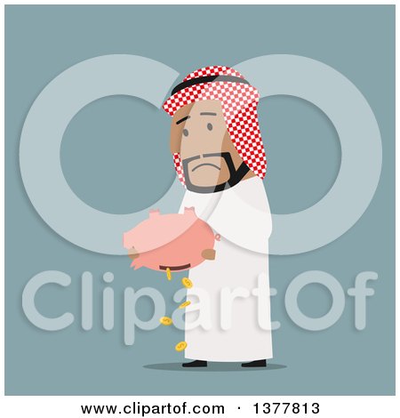 Clipart of a Flat Design Arabian Business Man Dumping out a Piggy Bank, on Blue - Royalty Free Vector Illustration by Vector Tradition SM