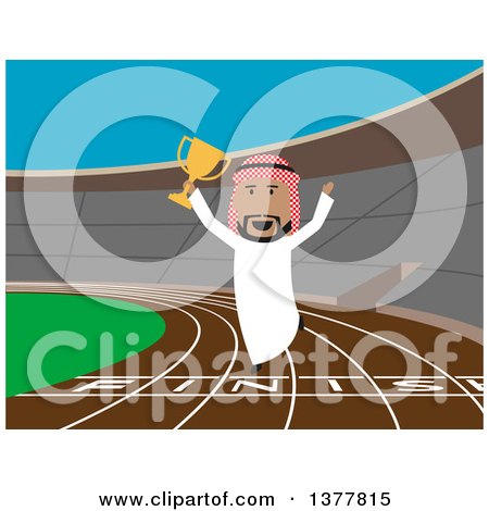Clipart of a Flat Design Arabian Business Man Jumping with a Trophy on a Track, on Blue - Royalty Free Vector Illustration by Vector Tradition SM