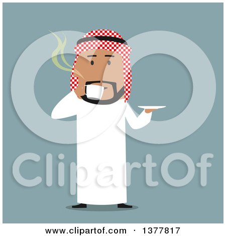 Clipart of a Flat Design Arabian Business Man Drinking Coffee, on Blue - Royalty Free Vector Illustration by Vector Tradition SM