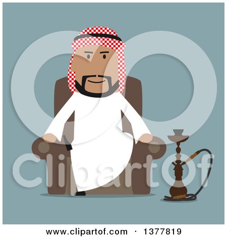 Clipart of a Flat Design Arabian Business Man Sitting with a Hookah, on Blue - Royalty Free Vector Illustration by Vector Tradition SM