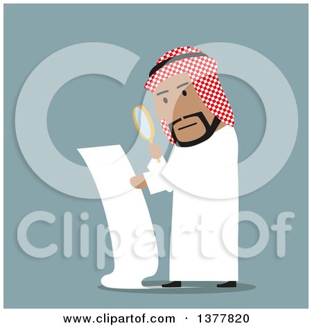 Clipart of a Flat Design Arabian Business Man Examining a Contract, on Blue - Royalty Free Vector Illustration by Vector Tradition SM